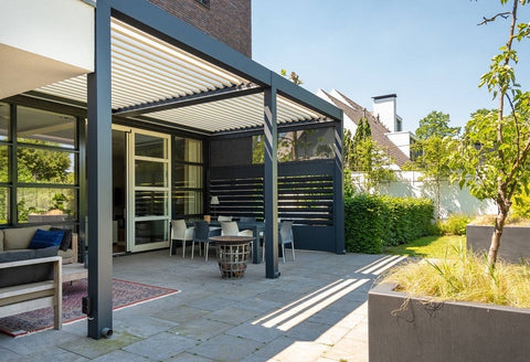 lamellendak, lamellen overkapping, overkapping met lamellen, terrasoverkapping met lamellen, buitenzonwering, zonwering