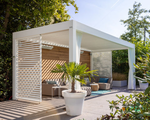 lamellendak, lamellen overkapping, overkapping met lamellen, terrasoverkapping met lamellen, buitenzonwering, zonwering